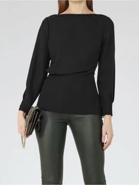 Reiss Black Boatneck Long Sleeve Blouse with Bloused Waist